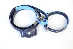 Strapets matching leather navy dog collar, leash and Airtag holder.