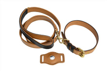 Load image into Gallery viewer, Matching leather dog leash, dog collar and Airtag holder is Camel color and gold hardware