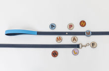 Load image into Gallery viewer, Blue leather dog leash with personalization letter pins